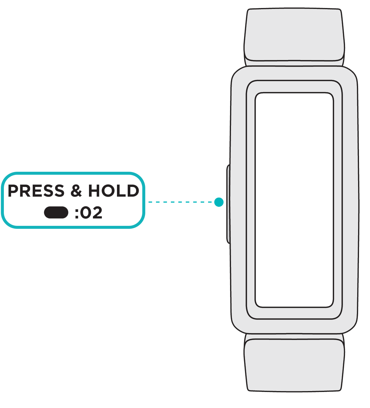 Aktivitetsarmband med knappen markerad och text som indikerar att trycka och hålla in knappen i 2 sekunder